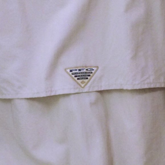 Vintage 90s Columbia PFG Shirt OmniShade Mens-M Pockets LSL Nylon Beige - Picture 9 of 10